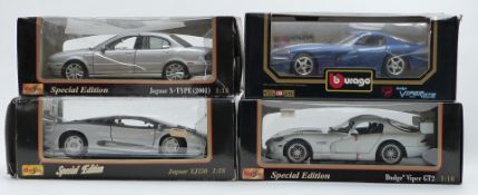 Four 1:18 scale diecast model vehicles Maisto Special Edition Dodge Viper GT2, Jaguar XJ220 and