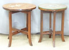 Two rosewood side tables with inlaid scenes 'Omar Khayam', largest diameter 35 x H40cm