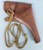 WW1 leather Webley pistol holster marked W.K L.I.Y with a braided lanyard