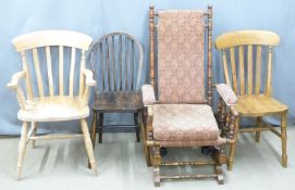 A group of chairs including an American rocking chair and elm seated, tallest 115cm