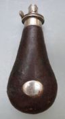 G & J W Hawksley leather covered metal powder flask with engraved cartouche, 20cm long.