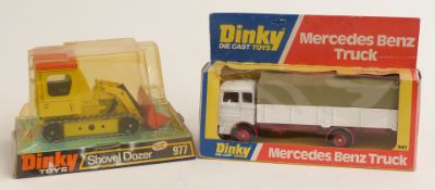 Two Dinky Toys diecast model vehicles Mercedes Benz Truck 940 and Shovel Dozer 977, both in original