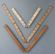 Three folding rulers comprising one faux ivory by WM Marples & Sons and two boxwood with brass