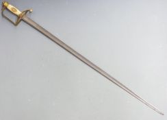 British 18thC officer's spadroon/sword, the stirrup guard with vacant cartouche to grip, J J