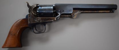 Italian .36 Colt style six shot single action percussion revolver with engraved scene of ships to