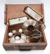 Cast metal Garden Golf game with metal hoops, trays and disks, in original wooden box.