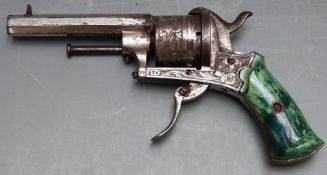 Belgian 7mm six-shot pinfire double action revolver with engraved frame and cylinder, green