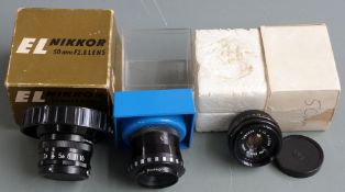 Three photographic enlarging lenses comprising Tominon 1:4.5 f=50mm, Rodenstock 1:5.6 f=80mm and