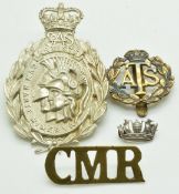 British Army 21 SAS metal hat badge together with an ATS hat badge, CMR shoulder title and a pin