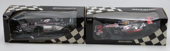 Two Minichamps 1:18 scale diecast model F1 racing cars, J Verstappen European Minardi Cosworth
