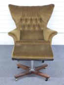 Retro G Plan upholstered button back armchair and matching footstool raised on X frames and metal