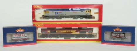 Two Hornby 00 gauge CO-CO diesel locomotives Cotswold Rail 47200 and EWS 66042 together with two