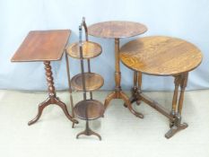 Three oak and mahogany tables, cake stand and pine bedside cabinet, tallest 73cm