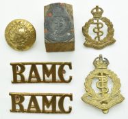 British Army four Royal Army Medical Corps metal badges including a pair of shoulder titles,