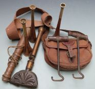 Three hunting horns, one by Swaine & Adeney, horse comb, canvas cartridge bag etc