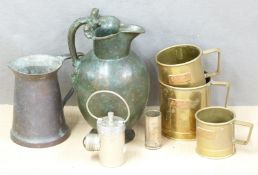 A bronze/brass patinated jug, measures etc, tallest 25cm
