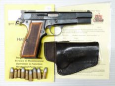 Browning 9mm Hi-Power pistol with wooden grips, original handbook and deactivation certificate dated