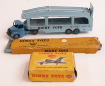 Three Dinky Toys diecast model vehicles and accessories Gloster Javelin Fighter 735, Pullmore Car