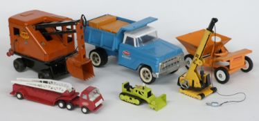 Six pressed steel and tinplate model vehicles comprising Tonka Hyraulic tipper truck, Marx Lumar