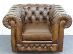 Chesterfield wing back brown leather armchair, W85 x H90cm