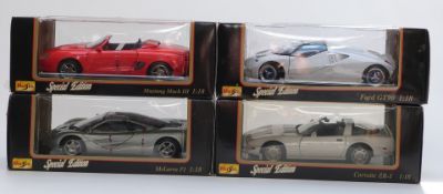 Four Maisto 1:18 scale Special Edition diecast model cars Corvette ZR-1 31809, Mustang Mach III