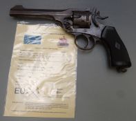 Deactivated Webley Mark VI six-shot double action revolver with chequered grips, belt loop and 6