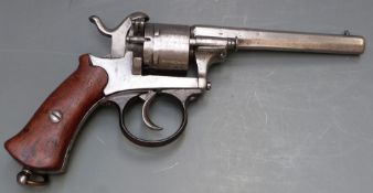 Belgian 9mm six-shot double action pinfire revolver with shaped wooden grips, belt loop and 4.75