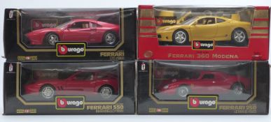 Four Burago 1:18 scale diecast model Ferrari sports cars comprising 360 Modena 1999 3368, GTO 1984