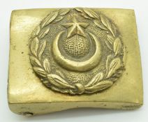 WW1 Turkish all brass belt buckle with laurel leaf wreath enclosing crescent moon and star pattern