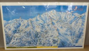 Large skiing interest advertising sign for Les 3 Vallées, Savoie, France, under a perspex cover -