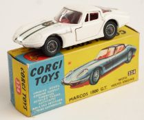 Corgi Toys diecast model Marcos 1800 G.T. with Volvo Engine, white body, red interior, blue racing