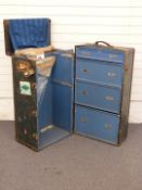 A vintage metal-bound 'WataJoy' travelling wardrobe with fitted interior and shipping labels, W61