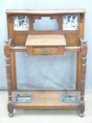 Victorian stained pine hall / umbrella / stick stand with single drawer, decorated with two tiles