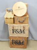 Four Fortnum and Mason wicker and birch hampers, box and picnic basket (no contents) and a