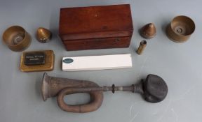 Two British Army 25lb cut down artillery shells, nose cones, brass fuses, copper motoring horn,