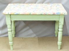 Painted pine table, probably 19thC with floral cover, W106 x D69 x H72cm