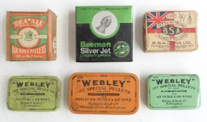 Six air rifle/pistol pellet boxes and tins including BSA, Webley, Beatall and Beeman Silver jet.