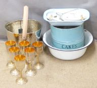 Enamel kitchenalia, Culinary Concepts champagne bucket (new) and six plated goblets with gilt wash