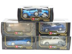 Five Burago 1:18 scale diecast model cars Bugatti EB 110 3035 and Type 59 3005 and Porsche 3005,