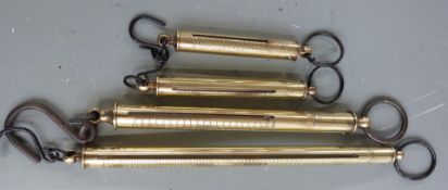 Four cylindrical Salter's spring balances, two calibrated in troy ounces