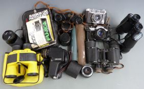 Collection of cameras and binoculars including Soligor digital spot sensor, yellow Halina