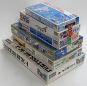Six Hasegawa 1:72 scale plastic model kits including F-16A Fighting Falcon, BF2C-1, F15E Strike