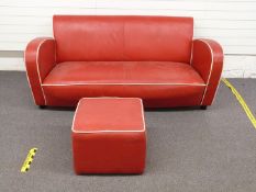 Art Deco/retro red faux leather sofa with cream piping detail, W185 x D85 x H78cm