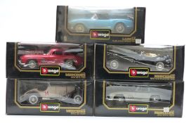 Five Burago 1:18 scale diecast model cars Mercedes-Benz 500K Roadster 3020, SSK 3009, 300 SL 3013