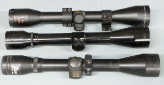 Three 4x40 rifle scopes Nikko Sterling Bentley, SMK and Zero Option Wide Angle, two with scope