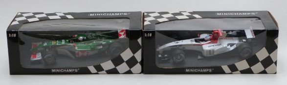 Two Minichamps 1:18 scale diecast model F1 racing cars J Button BAR Honda 006 and C Klien Jaguar