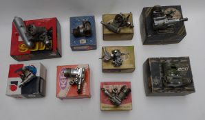 Nine boxed glow ignition model aircraft engines to include Fuji 15.IV, Enya 35, K&B 35, Veco 35,