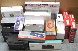 A large collection of computer, audio and electrical accessories and parts including Trust scroll