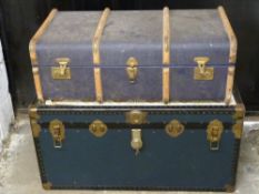 A metal bound trunk with key and another ash bound trunk, largest W102 x D52 x H53cm