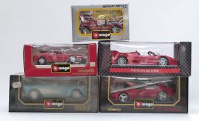 Five Burago and similar diecast model vehicles including Dodge Viper, Rolls-Royce Camargue,